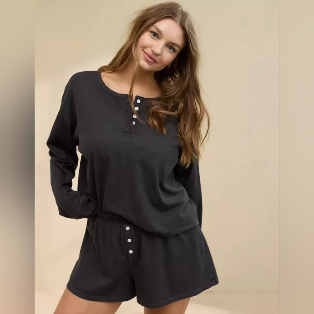 Aerie Cotton Henley Long Sleeve Shirt Large - NWT - Smoked Gray